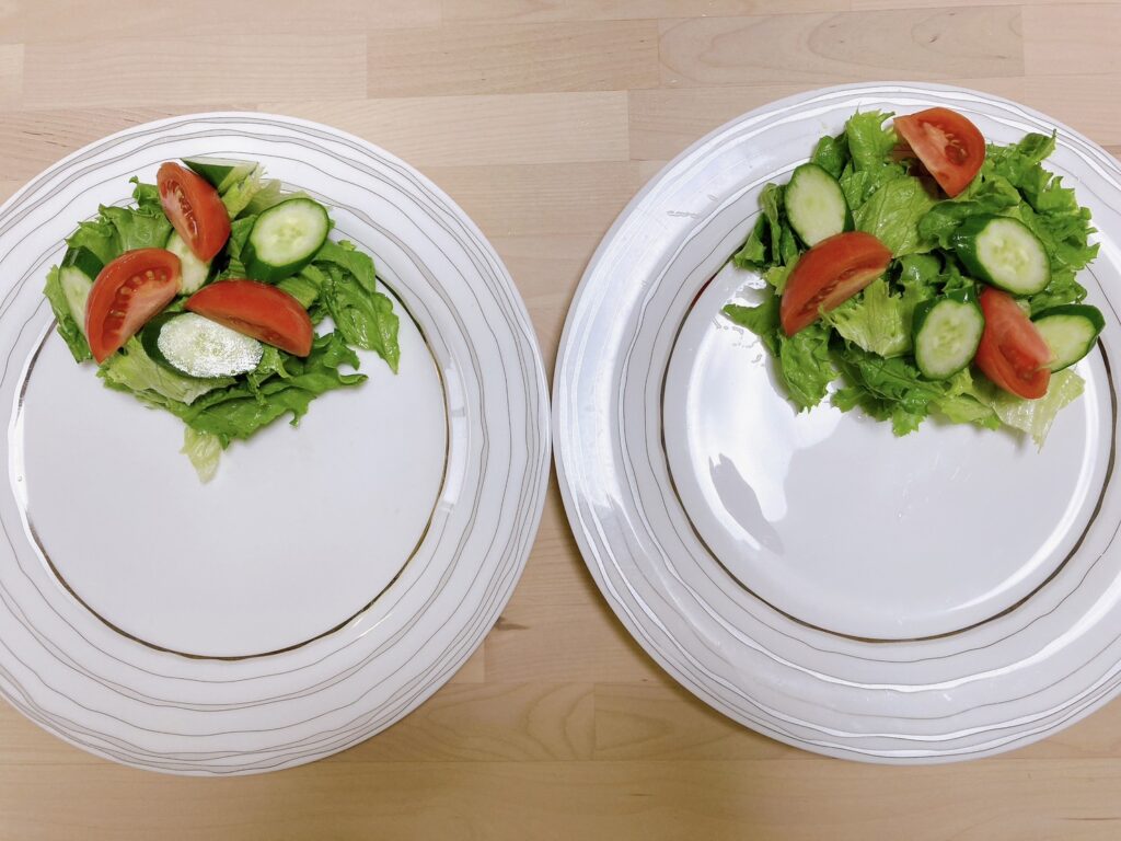 レタスときゅうりとトマトのサラダが載っている丸いお皿